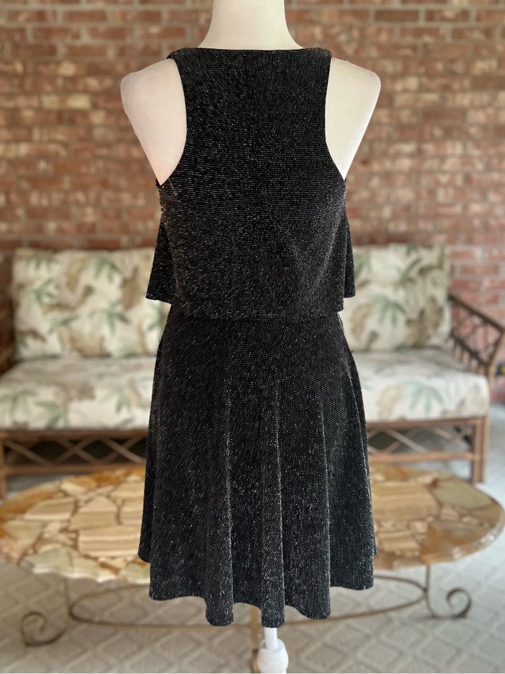 Express Black Silver Metallic Shimmer Layered Knit Mini Dress S Cocktail LBD